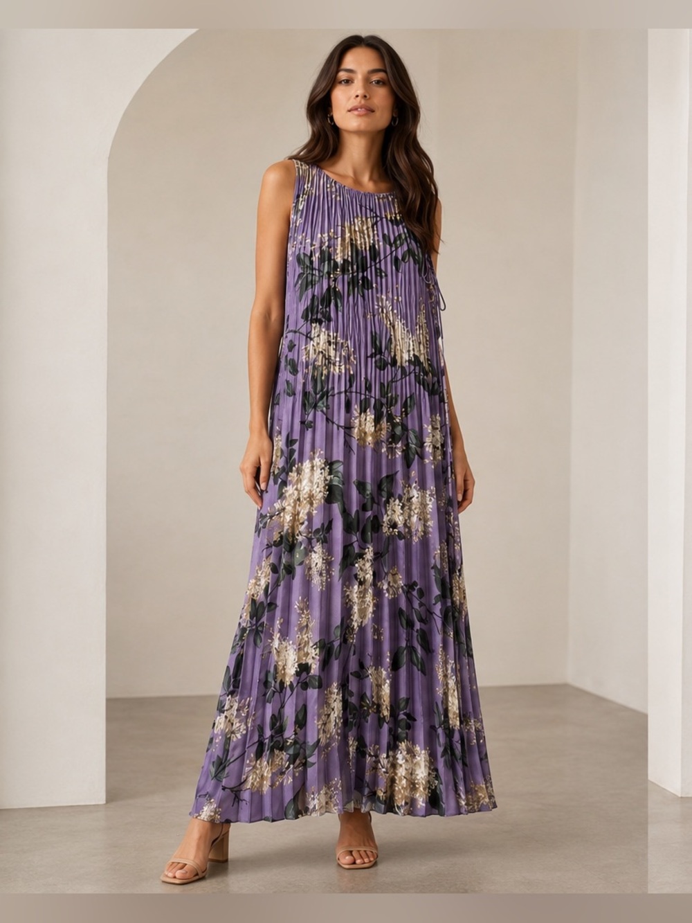 Vince Lavender Floral Pleated Sleeveless Maxi Dress – Size M